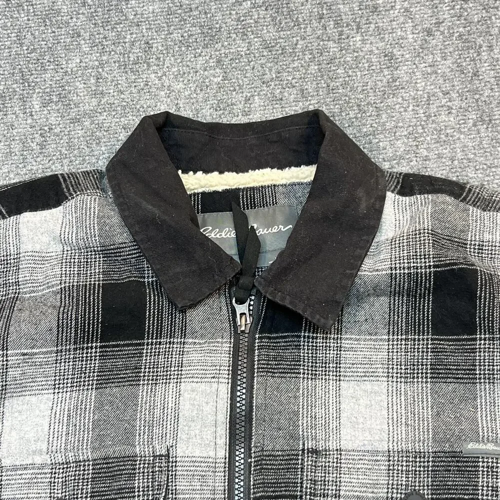 Eddie Bauer Jacket Mens Large Gray Plaid Sherpa Lined Flannel Full Zip Outdoor
